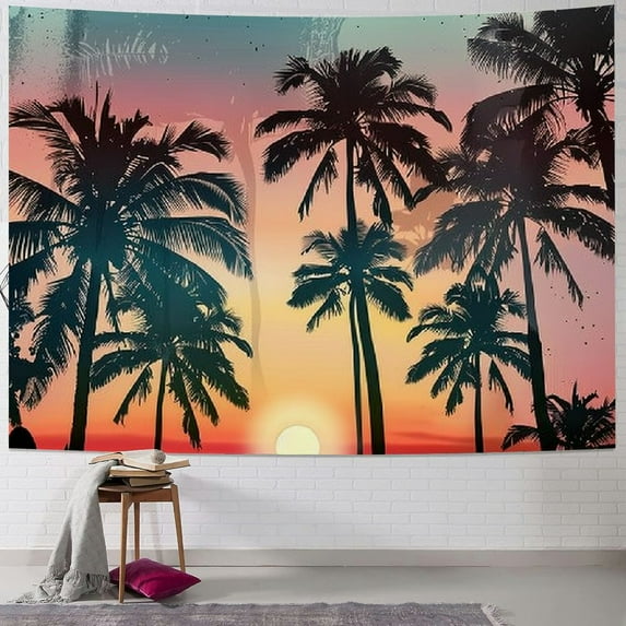 BCIIG Palm Trees Tapestry,Sunset Holiday Miami Beach Travel Poster Wall Art Hanging Decoration Polyester Fiber White Ruffled Around for Dorm Room Bedroom Living Room 40x30inch
