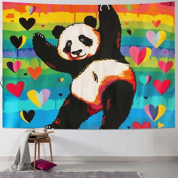 BCIIG Panda Bear Hearts Rainbow Tapestry Wall Hanging Unique Style Graphic Tapestries Home Wall Decor Art for Living Room Bedroom Apartment Farmhouse Dorm 50x40inch