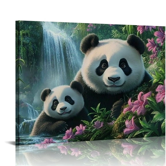 BCIIG Panda Bears Waterfall Flowers Wall Decor for Bedroom Living Room Home Office - Art Print on Canvas Wall Pictures 20x16in