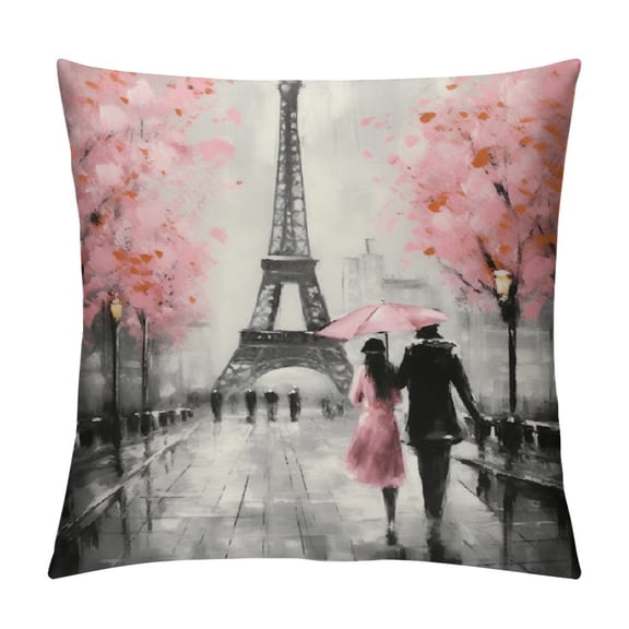 BCIIG  Paris Throw Pillow Cover, French Eiffel Tower Pillow Cover for Home Bed Sofa Couch, Retro Paris Themed Cushion Cover Watercolor Cherry Blossoms Decorative Pillow Cover,  Pink Grey 22x22in