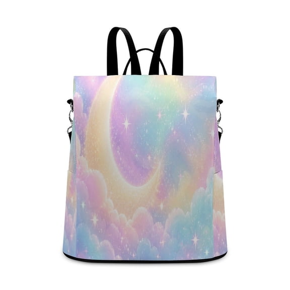 BCIIG Pastel Rainbow Clouds Glitter Crescent Moon Starry Sky Anti Theft Backpack, Purse for Women, Secure Back Zipper, Multi-Purpose Rucksack Backpack With Adjustable Strap, Womens Travel Backpack, L