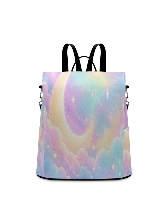 Pastel Rainbow Clouds Glitter Crescent Moon Starry Sky Anti Theft Backpack, Purse for Women, Secure Back Zipper, Multi-Purpose Rucksack Backpack With Adjustable Strap, Womens Travel Backpack, L