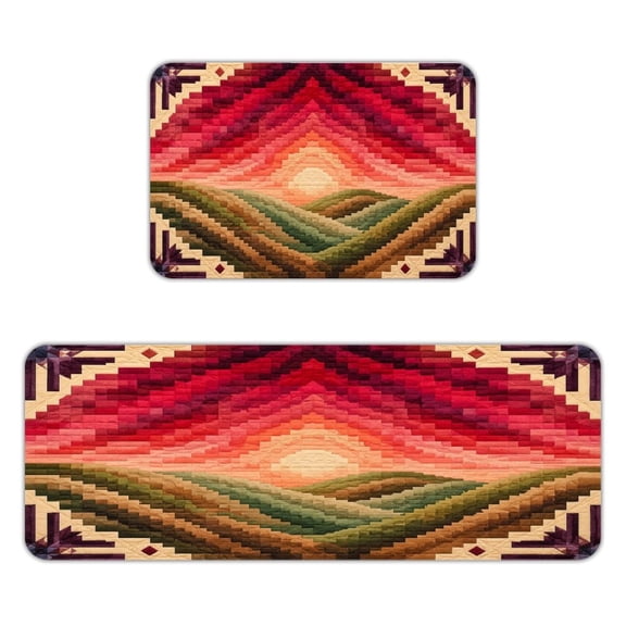 BCIIG Patchwork Quilt Mountain Sunset Landscape Geometric Art Kitchen Mats for Floor, Sets of 2, Soft Washable, Clear Print, Non Skid Waterproof Kitchen Rug for Sink Floor Sink Laundry Bar Office Roo