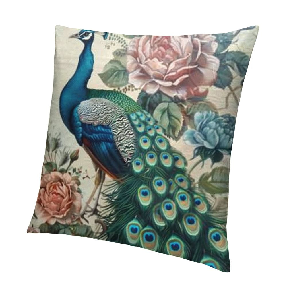 Xihomeli 22x22 Inch Peacock Feather Pillow Cover | Abstract Cotton Linen Decorative Cushion Case For Sofa & Bed (Blue Green)