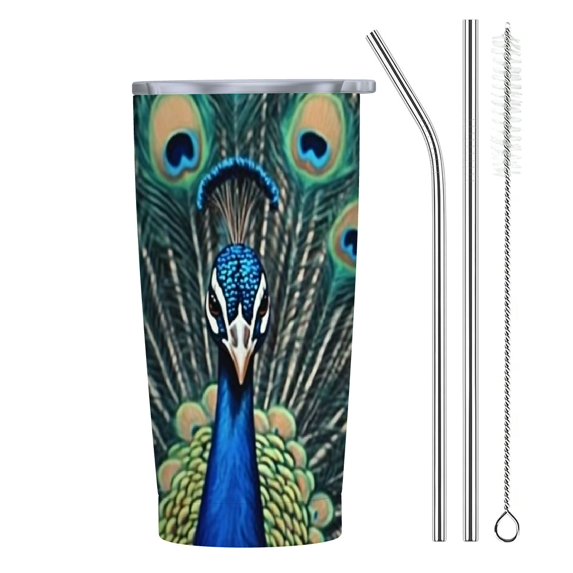 BCIIG Peacock Feathers 20oz Car Tumbler with Straw 304 Stainless Steel Gift For Men Women Dad Mom Funny Birthday Friends 20oz