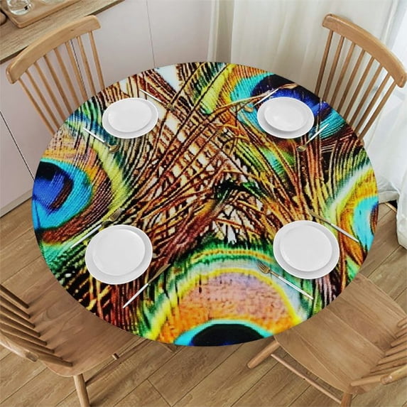 BCIIG Peacock Feathers Round Tablecloth Stain Resistant Washable Indoor Outdoor Kitchen Dining Wedding Parties Tablecloth 100% Polyester Fiber 42-46