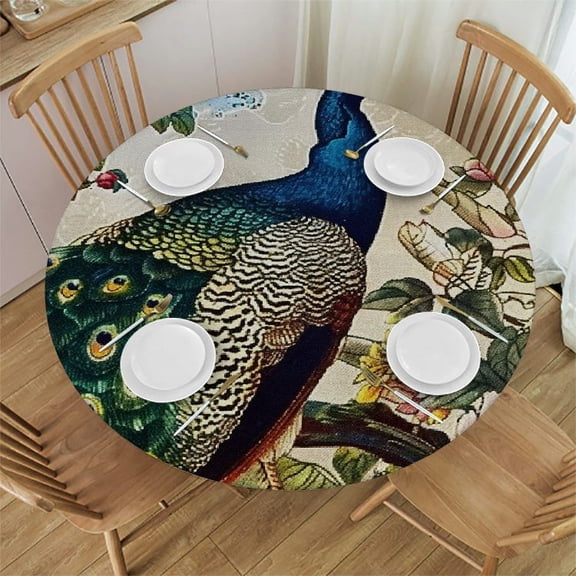 BCIIG Peacock Floral Silk Screen Round Table Cover Stain Resistant Washable Indoor Outdoor Tablecloth Kitchen Dining Wedding Parties 100% Polyester Fiber 38-42