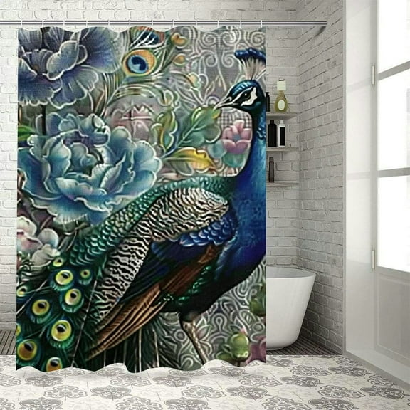 BCIIG Peacock Flowers Bird Shower Curtain Set with Hooks for Bathroom 36"x72