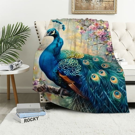 BCIIG Peacock Flowers Warm Lightweight Blanket Soft Fleece Throw Blanket for All Seasons - Decorative Cow Gifts Blanket, Multiple Sizes Available 40x50in