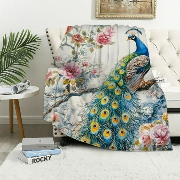 BCIIG   Peacock Sherpa Blanket Animal Theme  Throw Blanket Wildlife Zoo Animals Plush Blanket for Women Men Peacock Floral Fuzzy Blanket   40x50in