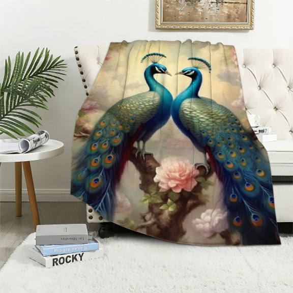 BCIIG Peacocks Flowers Clouds Warm Lightweight Soft Fleece Blanket Throw Blanket All Seasons Living Rooms Sofa Decor Cow Gifts Blanket 50x60in