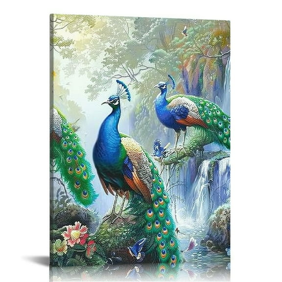 BCIIG Peacocks Forest Waterfall Fine Art Aesthetic Poster Print Wall Painting for Living Room Bedroom Home Office Wall Decor 12x16 in