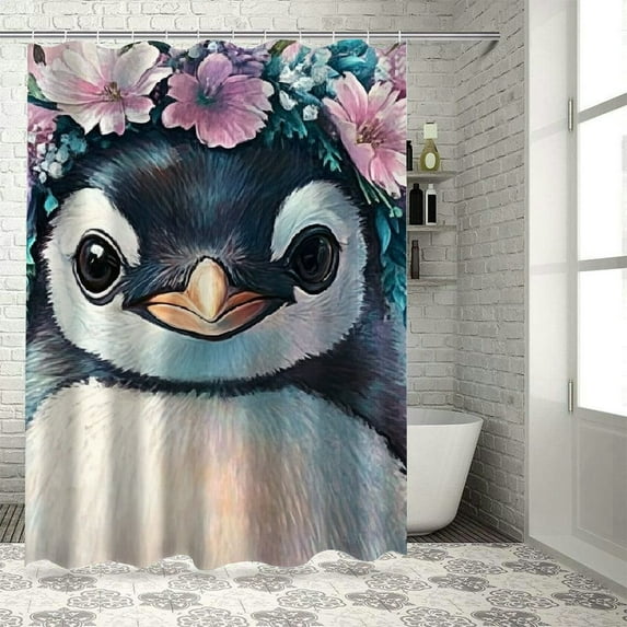 BCIIG Penguin Flower Crown Bathroom Decoration Set, Colorful Luxury Polyester Cloth Fashion Shower Curtain with Hooks 36"x72
