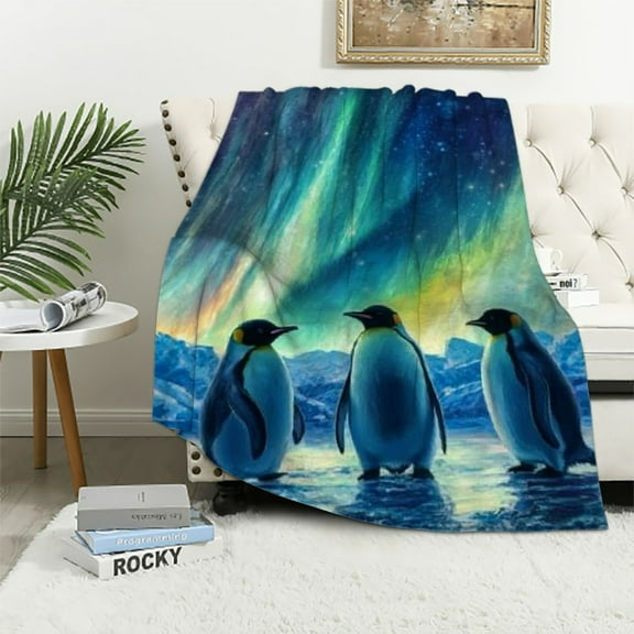 BCIIG Penguin Throw Blanket for Kids Boys Girls Penguin Print Blanket Twin Cute Antarctic Animals Fuzzy Blanket Teal Blue Sky Flannel Blanket Iceberg Galaxy Landscape Blanket 40x50in