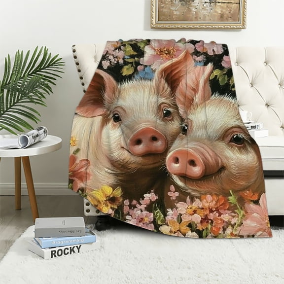 BCIIG Pig Blanket for Adults Kids Girls, Flannel Pig Blankets Gifts, Pig Floral Flower Throw Blanket for Sofa Couch Bed Living Room Soft Warm Cozy Pig Decor 60x80in