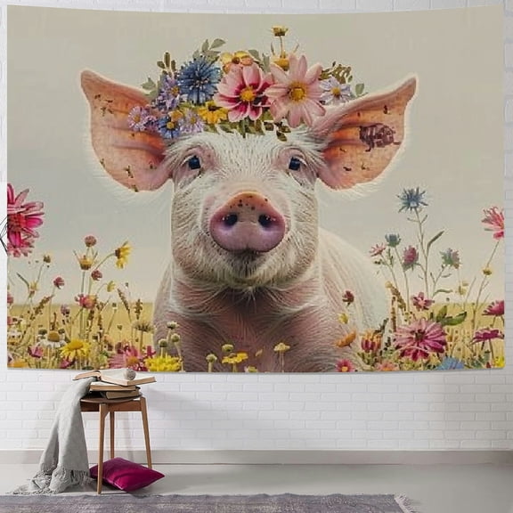 BCIIG Pig Flower Crown Tapestry Wall Hanging, Unique Graphic Art for Living Room, Bedroom, Dorm, and Holiday Decor, Soft Polyester Fabric, Vivid HD Printing, Multiple Sizes Available 60x50inch