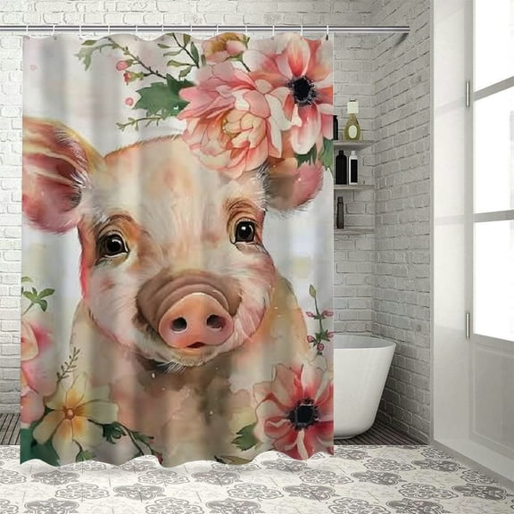 BCIIG Pig Flowers Watercolor Bathroom Shower Curtain Set with Hooks, 100% Polyester Fabric, Waterproof, Vibrant HD Print, Easy Installation, Machine Washable 36"x72
