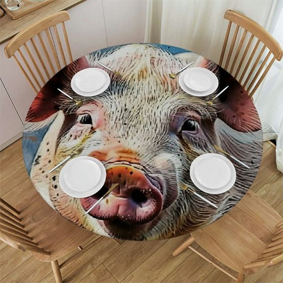 BCIIG Pig Theme Round Tablecloth with Elastic Edge for Picnic Dining Kitchen Farmhouse - Stain-Resistant and Washable Ideal for Indoor and Outdoor Restaurants, Weddings, Parties