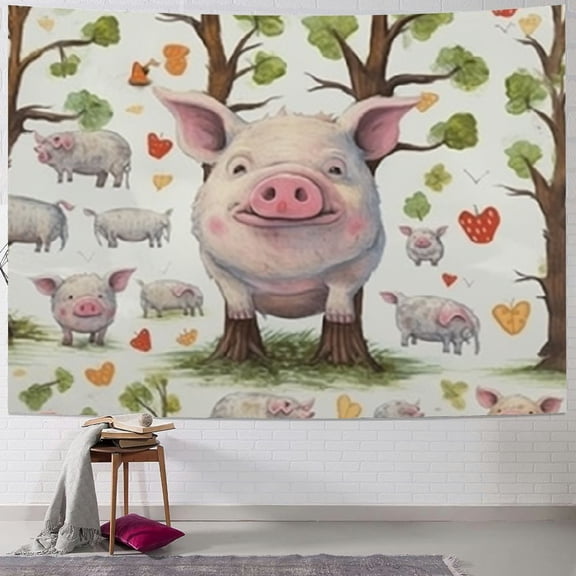 BCIIG Pig Tree Tag Tapestry Wall Hanging Unique Style Graphic Tapestries Home Wall Decor Art for Living Room Bedroom Apartment Farmhouse Dorm 50x40inch