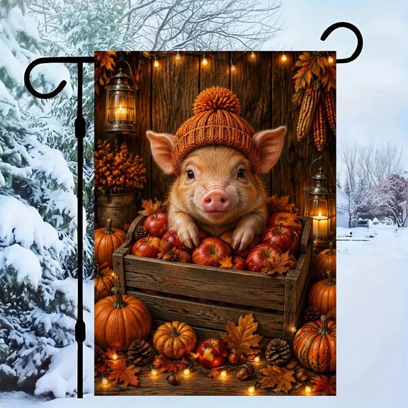 BCIIG Piglet Pumpkin Crate Rustic Autumn Scene Garden Flag, Double Sided Garden Banner, Clear Print, Easy Display, Outdoor Yard Porch Decor for Family Friends Neighbors,
