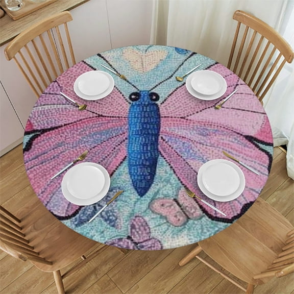 BCIIG Pink Butterfly Theme Round Tablecloth Waterproof Stain-Resistant Fabric Home Decor for Indoor and Outdoor Use 31"-35