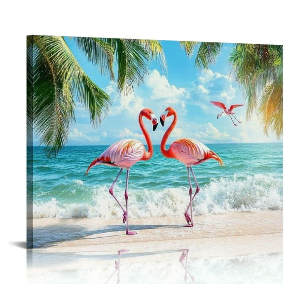 BCIIG Pink Flamingo Beach Wall Art for Bathroom Tropical Green Palm Leaf Canvas Wall Art Wall Paintings Home Decor Blue Ocean Wall Pictures for Living Room Bedroom Office Ready To Hang 20x16in