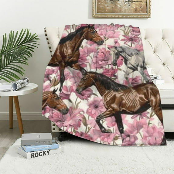BCIIG Pink Horse Gifts for Girls Women Horse Blanket Fleece Flannel for Floral Flower Horse Animal Lovers Just A Girl Who Loves Horses Birthday Decorations Christmas Decor Travel All Season 50x60in