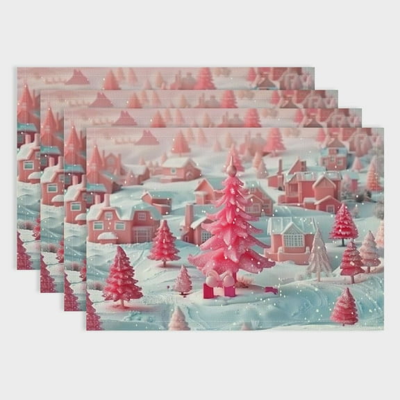 BCIIG Pink House Place Mats Set of 4 Cute Christmas Trees Snow Mountain Table Mats for Kids Girls Teens Adults Girly Princess Style Dreamy Kitchen Mats for Dining Table 18x12in