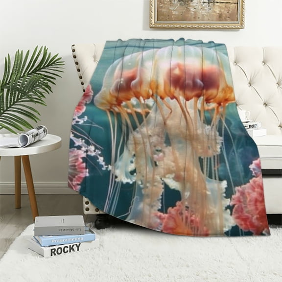 BCIIG Pink Jellyfish Fleece Blanket Ocean Sea Animal Sherpa Blanket, Botanical Floral Blanket Marine Flower Throw Blanket for Sofa, Coastal Underwater Flannel Blanket Lightweight 50x60in