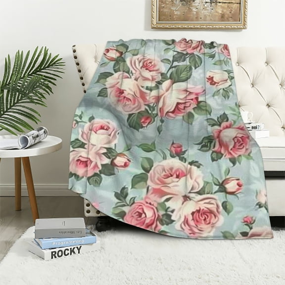BCIIG Pink Rose Floral Blanket Gifts for Women Girls Chic Flowers Romantic Vintage Style Spring Throw Blankets for Bed Room Couch Soft Lightweight Warm Cozy Decor 40x50in