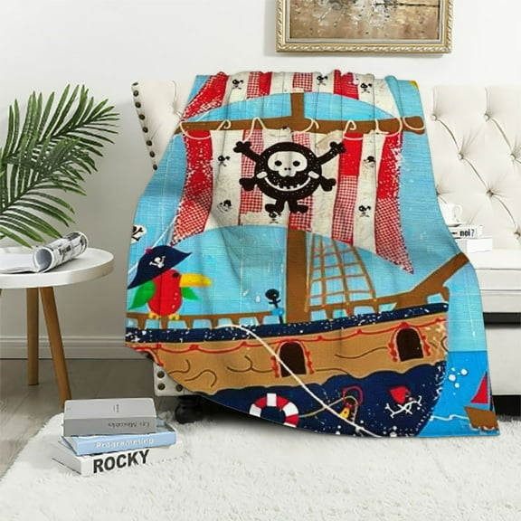 BCIIG Pirate Ship Parrot Pirate Flag Warm Lightweight Blanket Soft Fleece Blankets - Perfect for All Seasons, Living Rooms Sofa Decor, Cow Gifts - Super Soft Blanket for All Seasons
