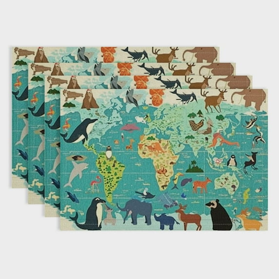 BCIIG Place Mats Set of 4. Safari Animal World Map Tree Mountain Ocean Fish Linen Placemats for Dinner Kitchen Table Dining Room 18x12in