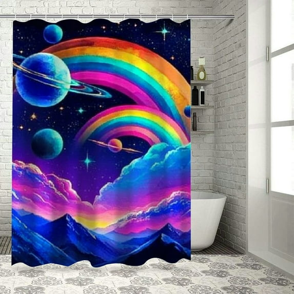BCIIG Planets Stars Rainbow Bathroom Decoration Set Polyester Cloth Fashion Shower Curtain with Hooks 69"x72