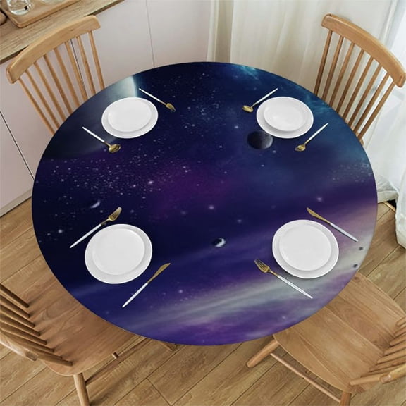 BCIIG Planets Stars Space Art Round Table Cover Stain Resistant Washable Indoor Outdoor Tablecloth Kitchen Dining Wedding Parties 100% Polyester Waterproof Fabric 31"-35