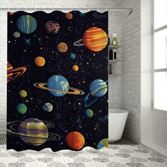 BCIIG Planets Stars Space Bathroom Decor Set with Hooks, Colorful Luxurious Graphic Print Polyester Fabric Shower Curtain Set, Home Bathtubs Decoration, Waterproof, Easy Installation 36x72