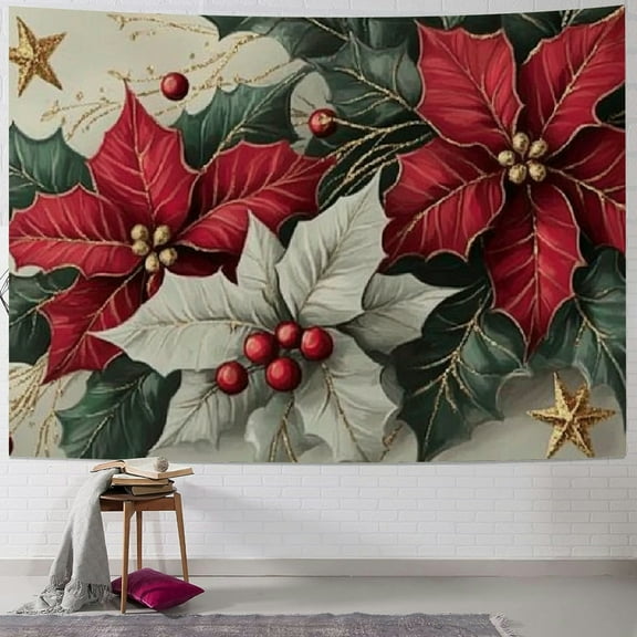 BCIIG Poinsettias Holly Gold Stars Tapestry Wall Hanging Unique Style for Home Wall Decor Art Christmas Short Plush Wall Beautification Holiday Decoration 40x30inch