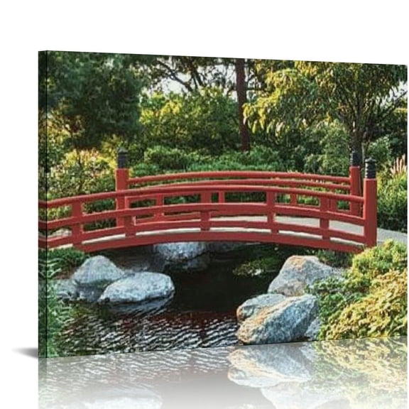 BCIIG Pond Garden Bridge Canvas Print Wall Art Decor for Living Room Bedroom Home Office 20x16in