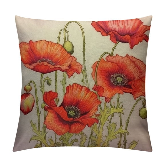 BCIIG Poppies Pillow Cover Watercolor Poppy Flower Floral Stem Nature Orange Red Green Decorative Throw Pillow Cases  Indoor Square Cushion Covers  for Home Sofa Couch 22x22in