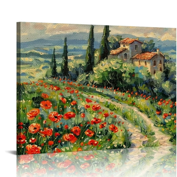 BCIIG Poppy Field Painting, Italian Landscape Cottage Wall Art, Italian Countryside Art, Tuscany Landscape Painting, Italy Wall Decor, Floral Wall Art, Modern Art, Print 20x16in
