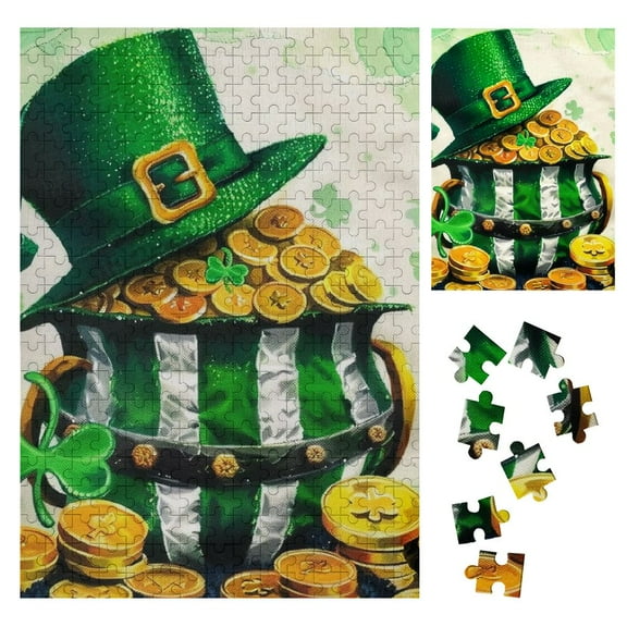 BCIIG Pot of Gold Coins Leprechaun Hat St. Patrick's Day Wooden Puzzle Vertical Impossible Wooden Puzzles Gift for Family Friends 300PCS