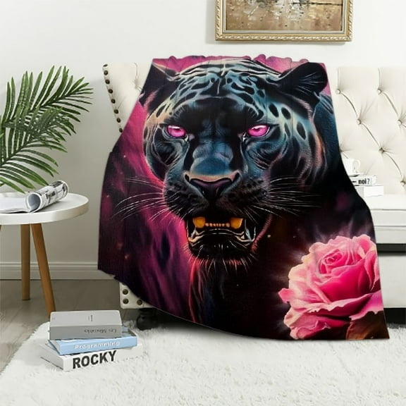 BCIIG Printed Black Panther Blanket,Romantic Red Rose Smoky Leopard Throw Blanket,Soft Blanket for Girls Adults,Lightning Wildlife Blanket 40x50in