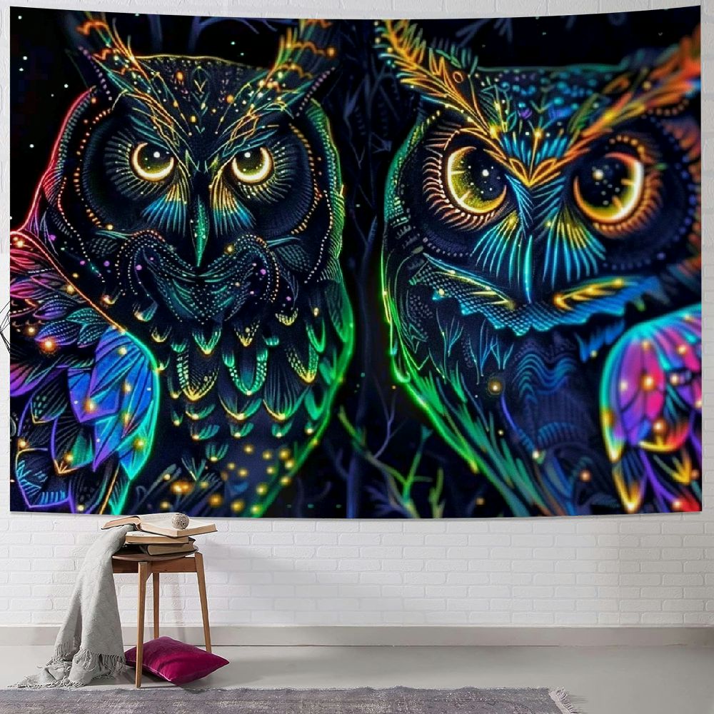 BCIIG Psychedelic Owl Tapestry, Trippy Forest Line Art Tapestry Wall