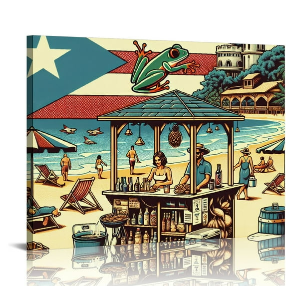 BCIIG Puerto Rico Flag Bathroom Decor Canvas Wall Art Painting,Summer Beach Frog in Puerto Rico Flag Canvas Prints Artwork Home Decor for Living Room, Kitchen, Office