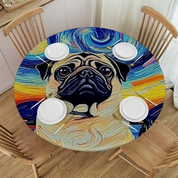 BCIIG Pug Dog Starry Night Dali Round Tablecloth Stain-Resistant Washable 100% Polyester Table Cloth for Indoor Outdoor Restaurant Wedding Party Picnic Dining Kitchen Farmhouse 54"-58