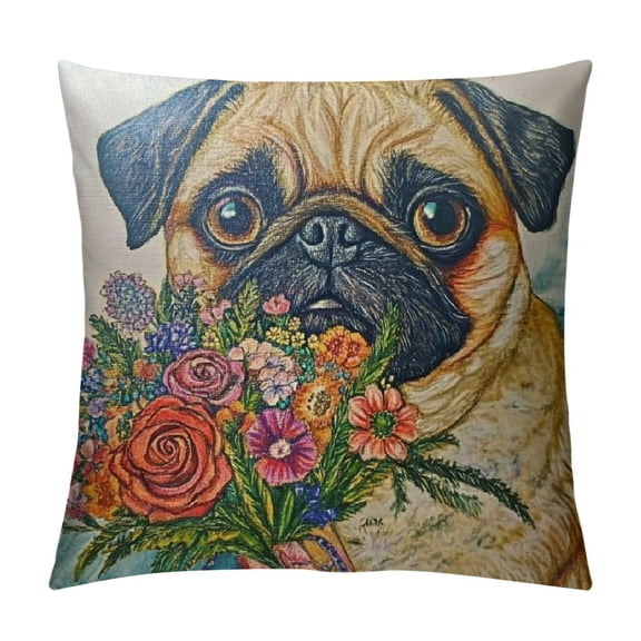 BCIIG  Pug Flower Bouquet Hedgehog Animals Design by Lisa Morales Throw Pillow,   24x24in