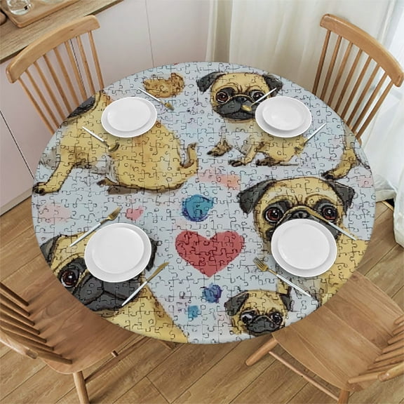 BCIIG Pugs Heart Jigsaw Round Tablecloth Stain-Resistant Washable for Indoor Outdoor Restaurants Weddings Parties Waterproof Fabric Home 42"-46