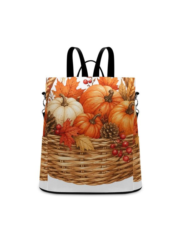 Pumpkin Basket Wheat Maple Harvest Art Anti Theft Backpack, Purse for Women, Secure Back Zipper, Multi-Purpose Rucksack Backpack With Adjustable Strap, Womens Travel Backpack, Lightweight Casua