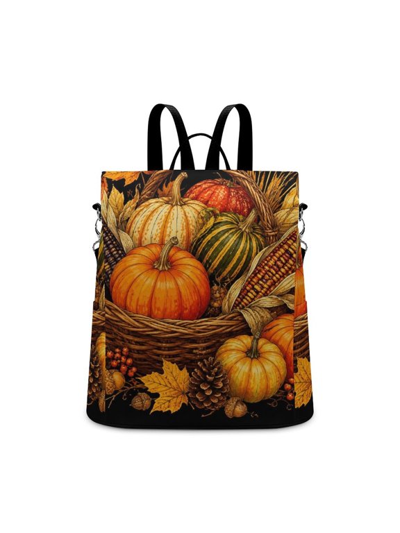 Pumpkin Corn Wheat Harvest Basket on Black Anti Theft Backpack, Purse for Women, Secure Back Zipper, Multi-Purpose Rucksack Backpack With Adjustable Strap, Womens Travel Backpack, Lightweight C