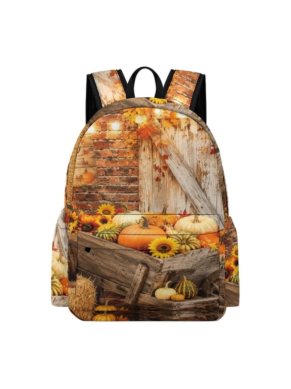 Pumpkin Patch Wheelbarrow Rustic Autumn Printed Oxford Backpack, Large Capacity Laptop Backpack, Water Resistant, Travel Daypack for College Work Commuting Adults,