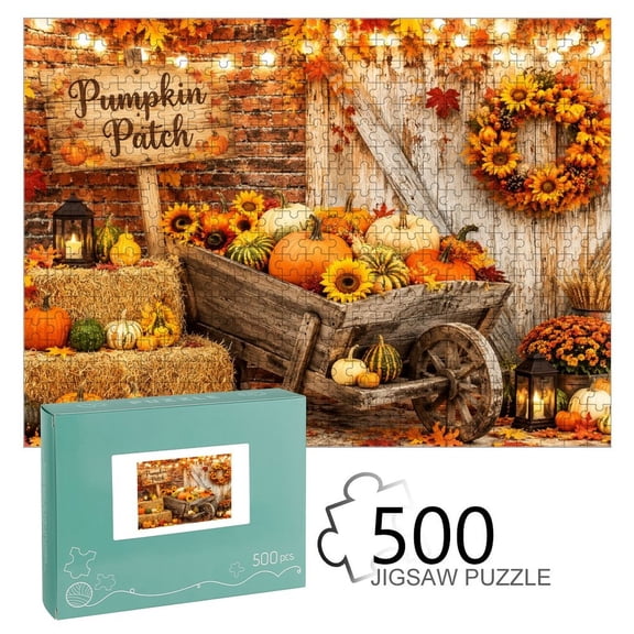 BCIIG Pumpkin Patch Wheelbarrow Rustic Autumn Wooden Jigsaw Puzzle, HD Printed Art Puzzle, Interactive Family Game, Wall Decor for Bedroom Living Room, Educational, Fun Gift for Adults and Family